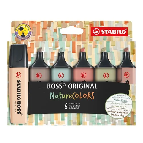 Autentický Zvýrazňovač - STABILO BOSS ORIGINAL NatureCOLORS - EO70/6-2-2 - 6 ks sada - béžová, teplá šedá, zemitá zelená, bahenní zelená, siena, umbra