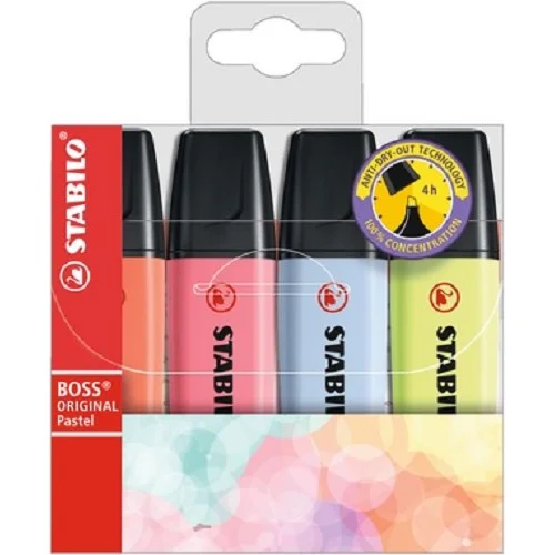 Zvýrazňovač - STABILO BOSS ORIGINAL Pastel - 70/4-3 - 4 ks sada - korálově červená, třešňová, obláčkově modrá, limetková Cenově Výhodný