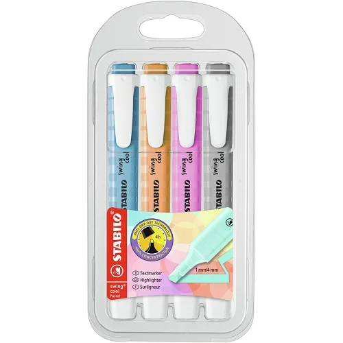 Jen Po Omezenou Doba Zvýrazňovač - STABILO swing cool Pastel - 275/4-08-2 - 4 ks sada - šedá, fuchsiová, svěží modrá, oranžová