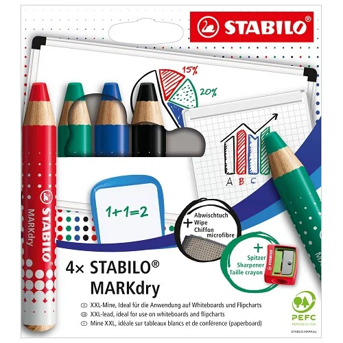Suchý popisovač na tabuli a flipchart - STABILO MARKdry - 648/4-5 - 4 ks sada s ořezávátkem a hadříkem - 4 různé barvy Super Cena