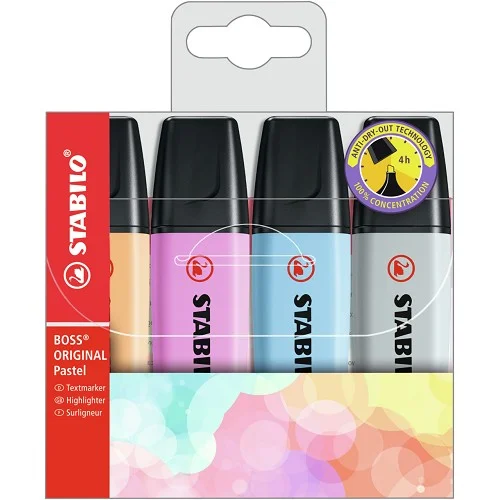 Zvýrazňovač - STABILO BOSS ORIGINAL Pastel - 4 ks sada - oranžová, svěží modrá, fuchsiová, šedá Cenová Bomba