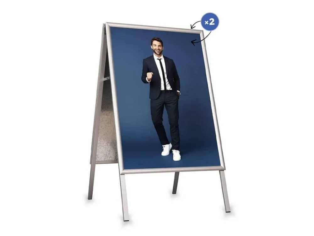 Stříbrný reklamní A stojan s ostrými rohy B1 - profil 25 mm Must-Have