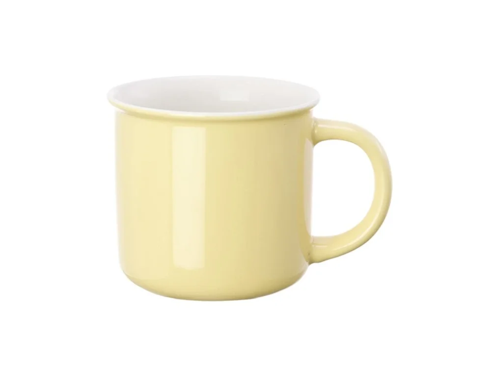 Žlutý porcelánový hrnek s bílým lemem imitující smalt Horká Nabídka